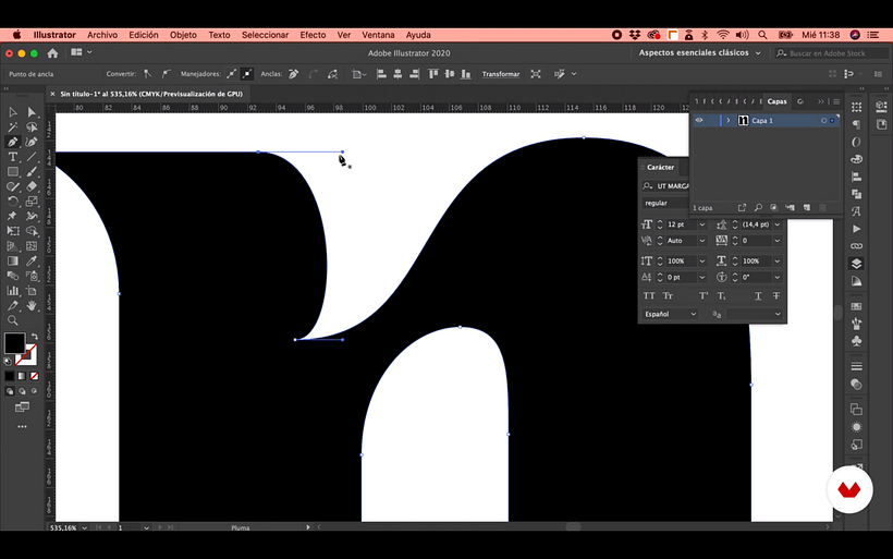 En Illustrator, borrar uno de los puntos ancla puede distorsionar la forma de la curva.