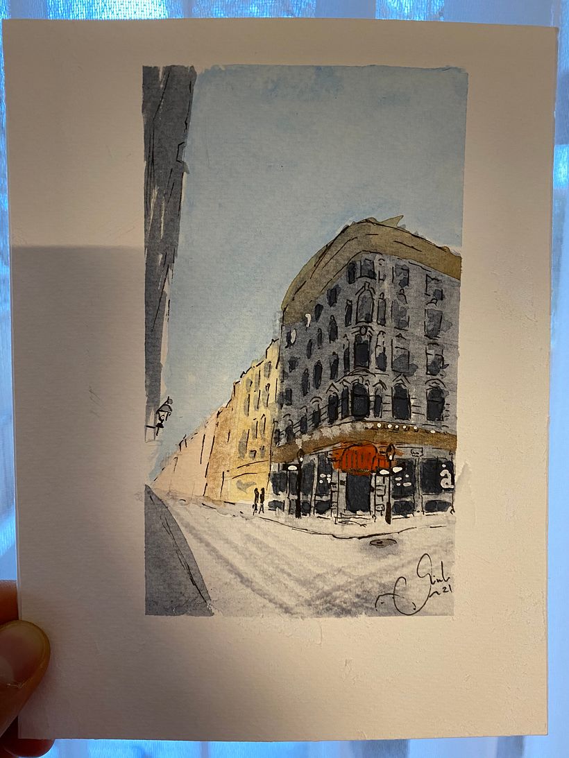 Very first time water painting!  Went strong grey bit too fast, and my scotch tape teared the paper... but was fun :)