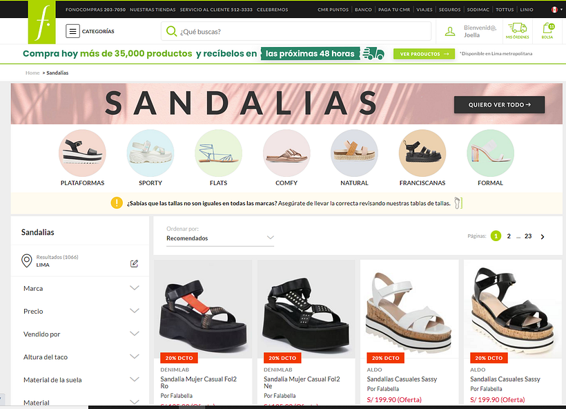 Pestañas y banners internos para diferencias productos