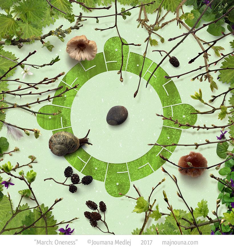 March: Budding Hawthorn, Beech and other; Alder catkins, Nettles, Violets, mushroom cap, pebble and Snail.