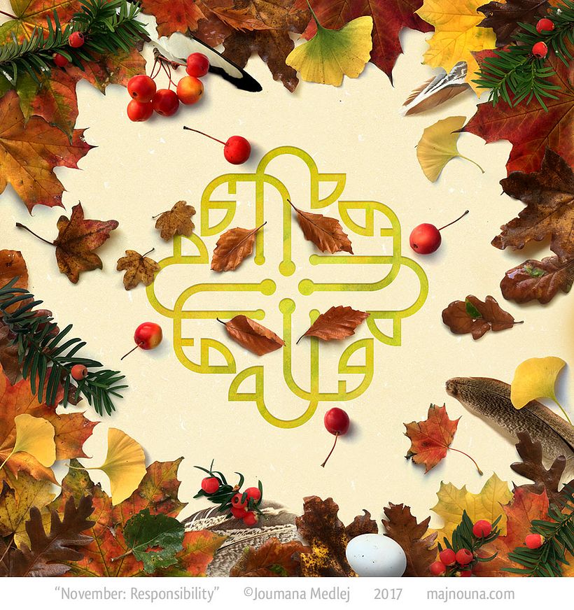 November: Leaves of Oak, Maple, Maidenhair; Yew berries, Cherry apples; Pheasant & Wagtail feathers, unhatched Woodpigeon egg