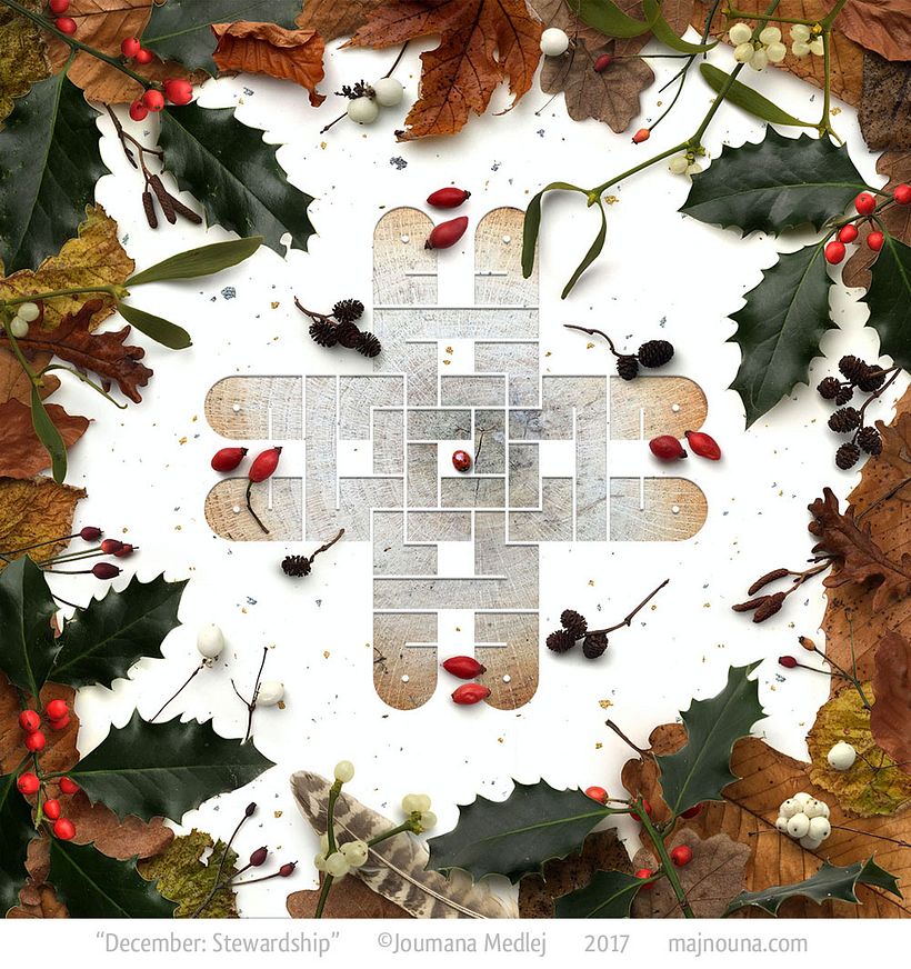 December: Leaves of Oak, Beech, Maple, Horse Chestnut; Holly, Mistletoe, Rose hips, Catkins, Snowberry; Pheasant feathers...