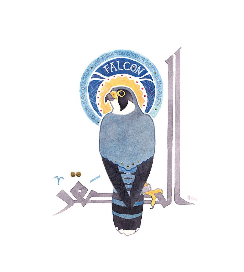 The falcon symbolizes ambition, and is content to be shackled in order to be on the king's arm.