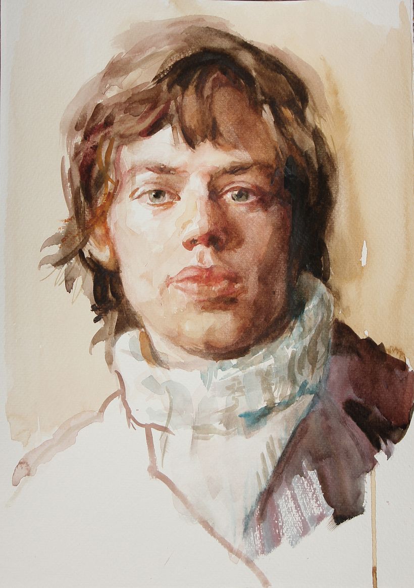 Mick Jagger, watercolor on paper, 2020. Photo reference by Dezo Hoffmann