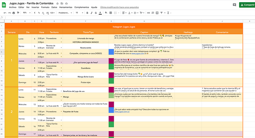 This is my google sheets calendar for jugos Jugos. Graphics and carrousels (magenta), Photography (green), video (blue)