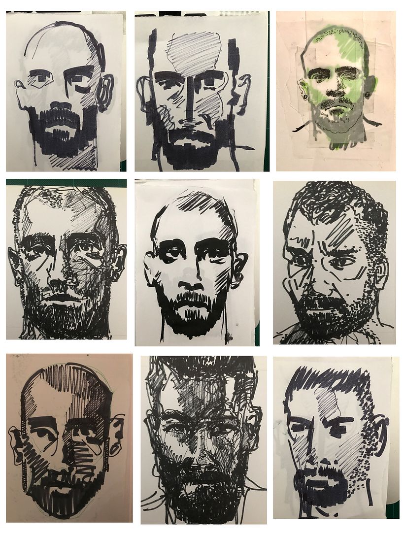 studies of heads. source: photography. experimented with different marker pens