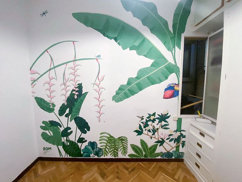 Mural botánico tropical de 3 metros cuadrados, en piso de Barcelona.
