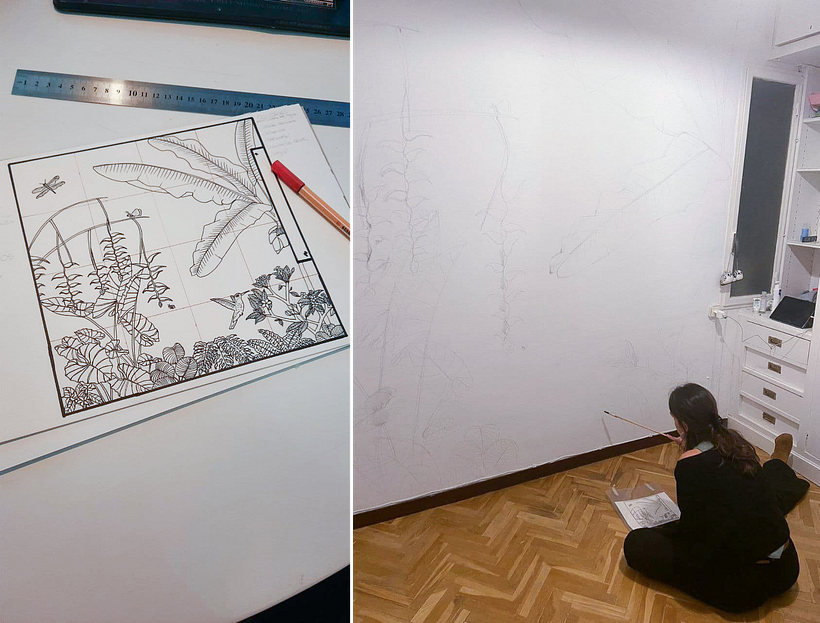 Boceto en papel y dibujo en pared.