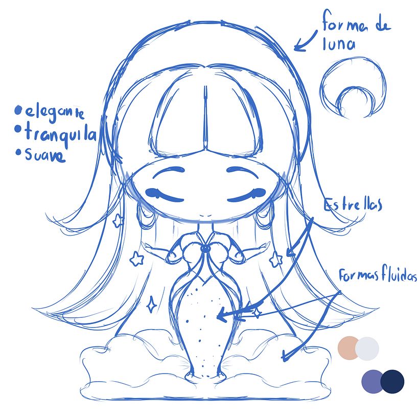 para la reina de la luna la quería hacer elegante y tranquila dando una sensación de un relajante momento de noche