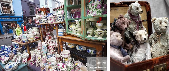 Portobello Market in London - Old china cups and antique teddy bears
