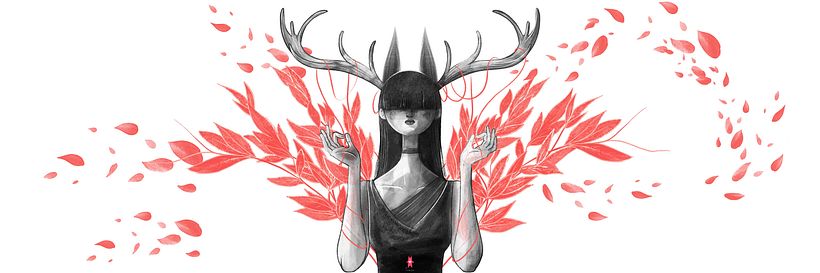 Isolated female character with floral elements.