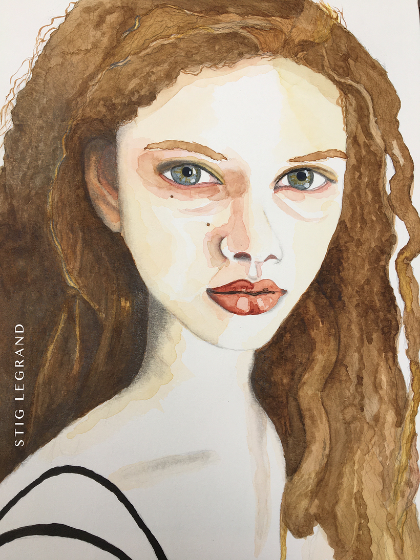 First watercolour portrait after learning from Sol Barrios (Winsor & Newton, graphite)