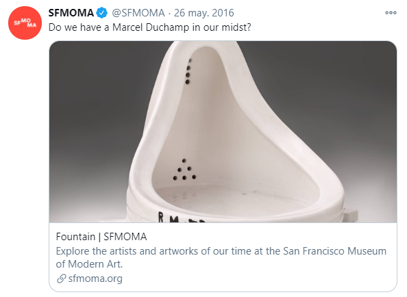 El tuit del museo aludiendo a la obra de Marcel Duchamp. [Fuente: @SFMOMA]