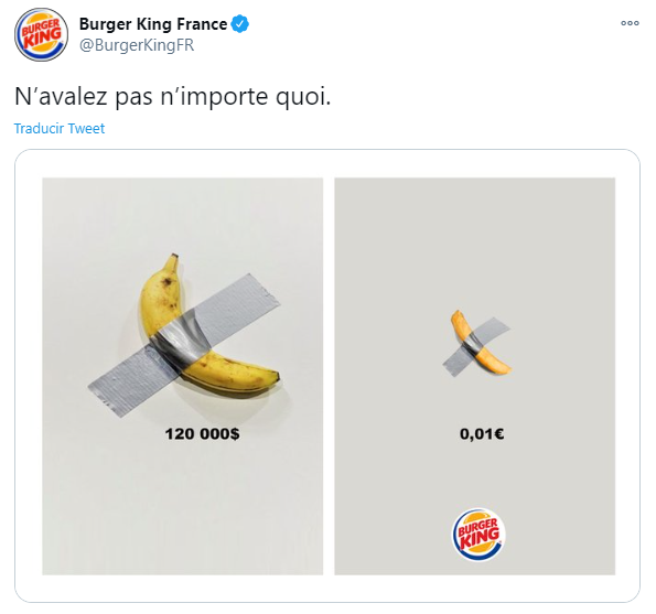 Obra de arte moderna 'Comediante', do italiano Maurizio Cattelan, parodiada pelo Burger King. [Fonte: @BurgerKingFR]