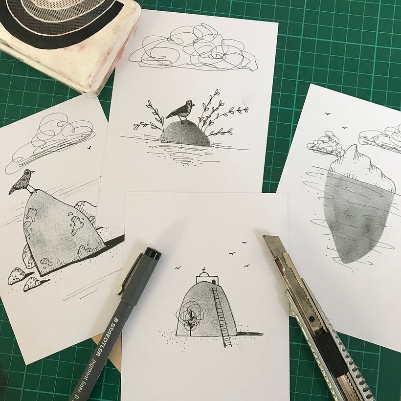 sketches over 'monoprinted stencil shapes' instead of watercolour