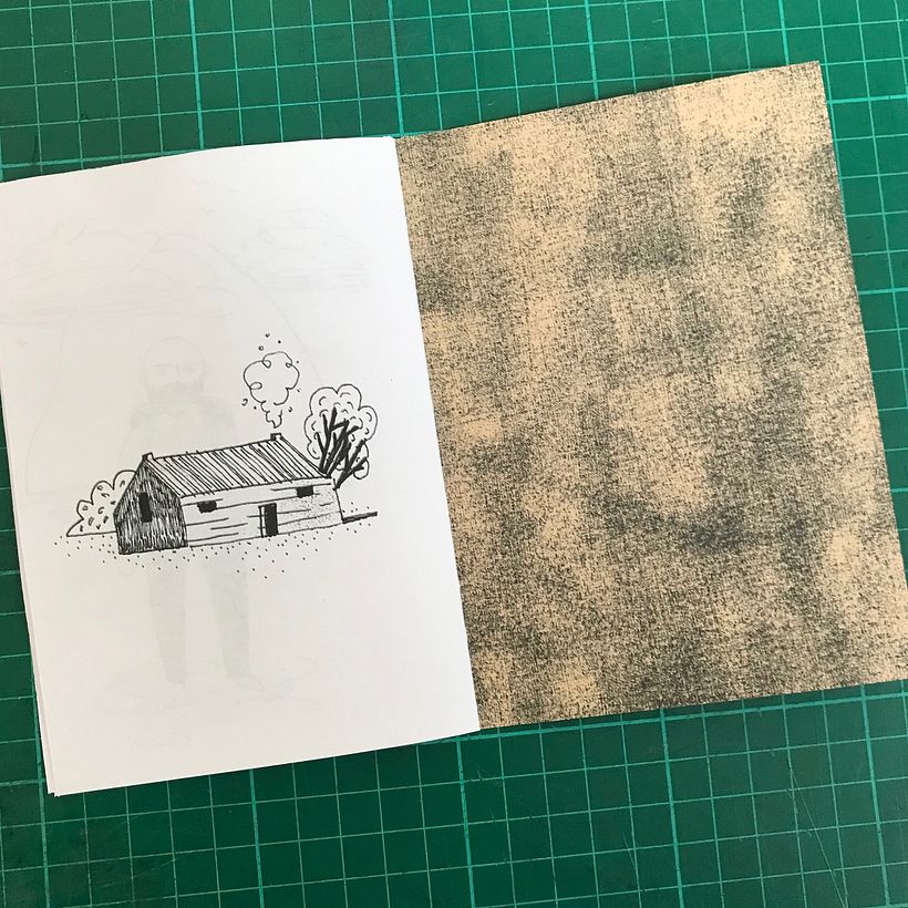 I like how the inside back cover texture looks opposite the drawing of the barn