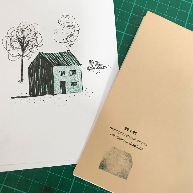 the back cover uses one of the stencilled shapes - next to it is one of the coloured experiments I made too.