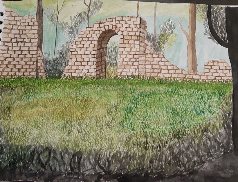 Me guié por una imagen de unas ruinas en un bosque, no quedó exactamente igual a la imagen ya que solo la usé de inspiración