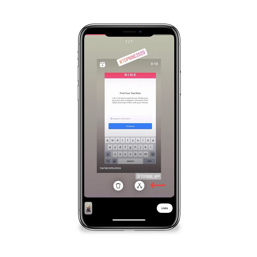 The scissors icon (marked with an arrow in the image) allows you to cut and edit the video.