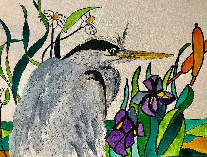 My local heron, with a sort of 'stained glass' background.