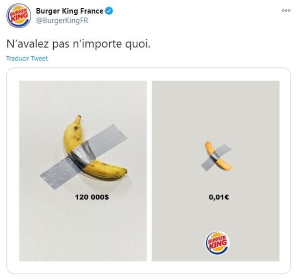 Italian artist Maurizio Cattelan’s ‘Comedian’ artwork, as parodied by Burger King. [Source: @BurgerKingFR]