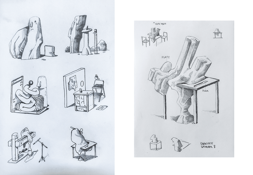 Algunos sketchs iniciales. Luego en el lado derecho la idea elegida para desarrollar en CGI.