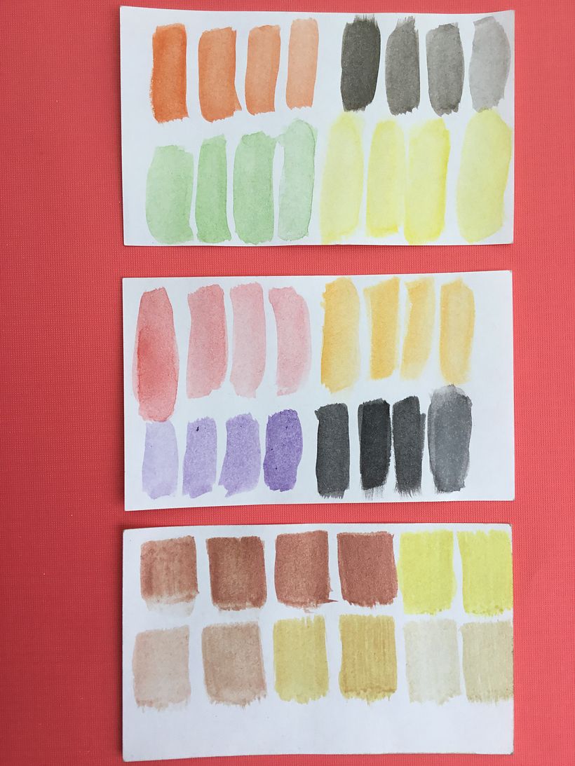 Prueba de color con acuarelas para las plumas