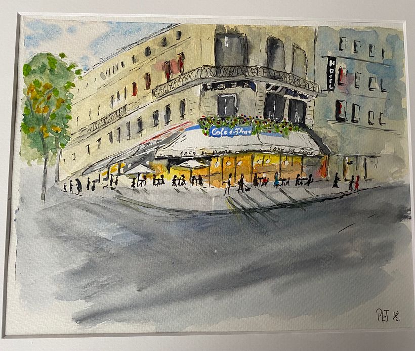 a slight impressionistic  painting of the "Cafe de Flore" Paris  as my project in Architectural Sketching with Watercolor and Ink course -1