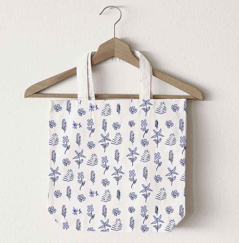 White and Blue Floral Pattern Tote