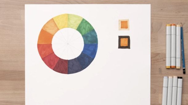 Marcador laranja usado para desenhar os quadrados contidos nos quadrados de cores diferentes