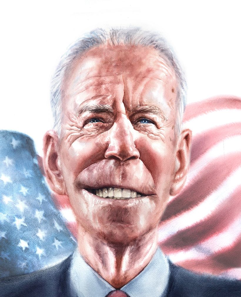 Esta ilustração de Joe Biden para o El Mundo está incluída no portfólio pelo qual Carlos ganhou o 2020 ÑH Awards