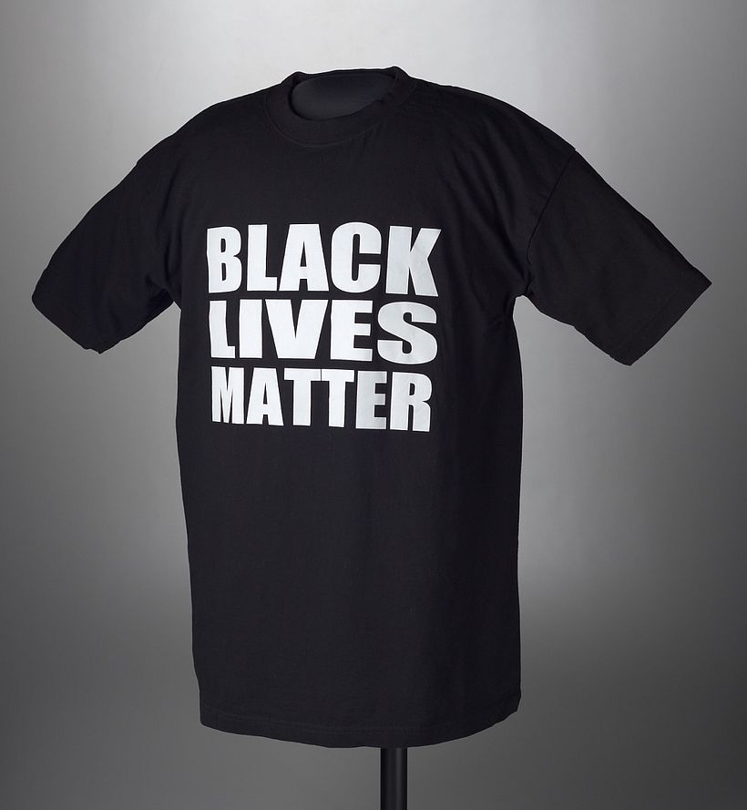 Black t-shirt printed with “Black Lives Matter” by Gemrock, 2015. NMAAHC