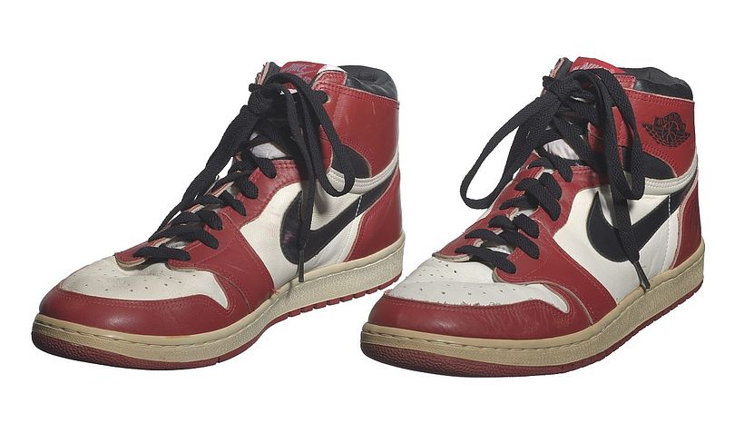 Pair of Air Jordan I shoes game worn and autographed by Michael Jordan (Nike). NMAAHC