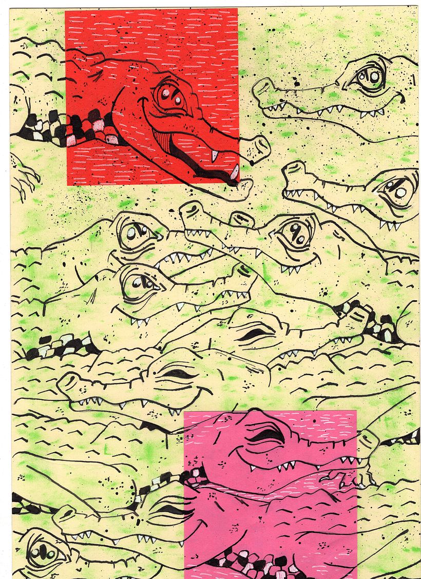 Yacarés tranquilos en la playa y de pronto un ruido extraño genera confusión y miedo.