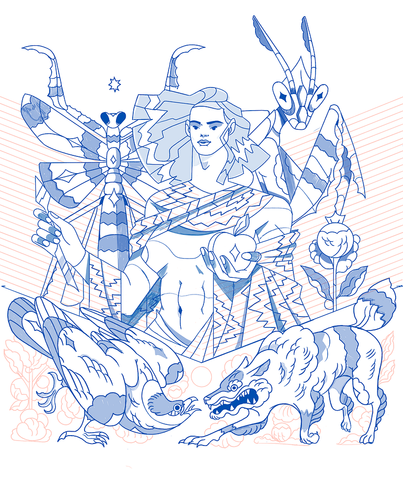 Me apoyé de procreate para terminar el acomodo. En  rojo puse los elementos de menos importancia, y las guías de fondo.