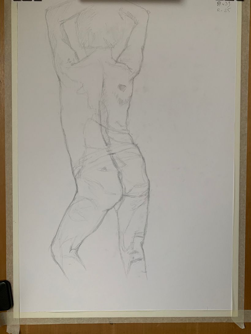 First step to set the overall pose and proportions with a 2B graphite mine as recommended by Shane.