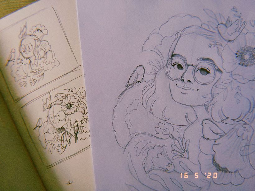 estudos de composição com miniaturas (thumbs) no sketchbok e desenho feito à lápis.