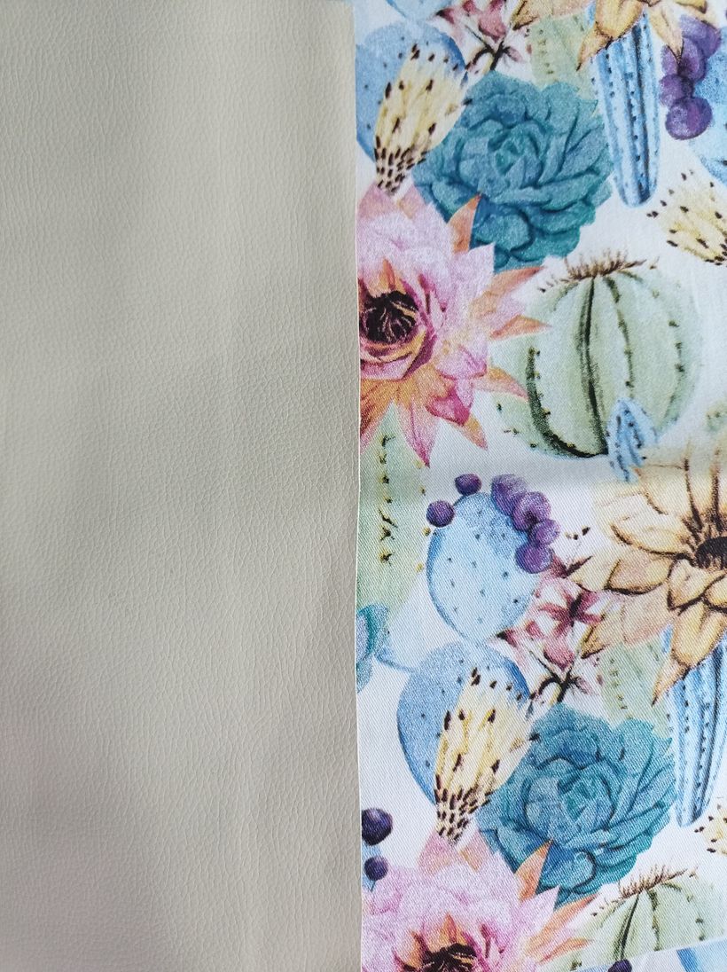 Conseguí este color de cuerina y voy a combinarla con esta tela estampada, pienso ponerla en el respaldo la parte trasera