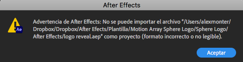 Problema en After Effects, formato incorrecto o no legible 1