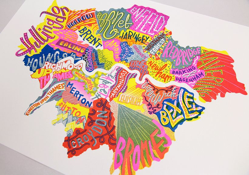 London Boroughs, 5 colour risograph Print, A3 in size.