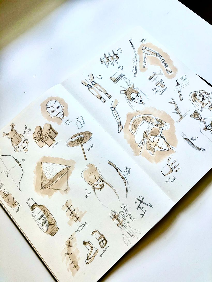 This is a page of sketches for the Oriental cyber assassins. 