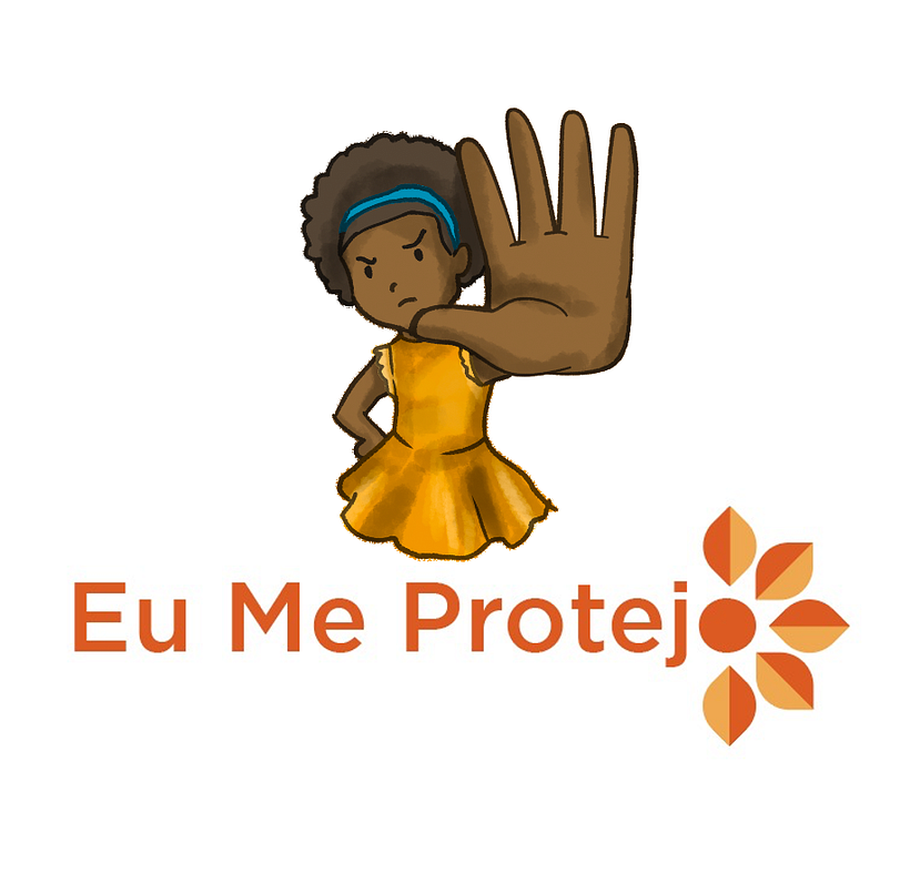 ilustração de menina com expressão zangada e a mão espalmada à frente em sinal de pare. Logo Eu Me Protejo.