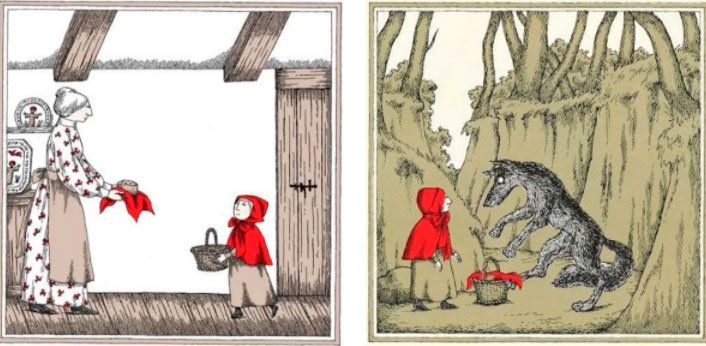 Reinterpretation of Little Red Riding Hood, illustrated by Edward Gorey.