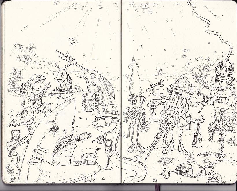 Ideas extra para dibujar de Mattias Adolfsson: ‘vida submarina‘ y ‘una medusa amable'.