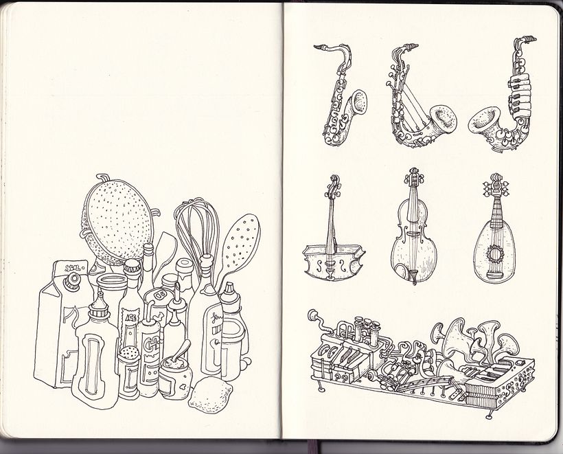 Ideas extra para dibujar de Mattias Adolfsson: ‘un bodegón‘ y 'unos instrumentos musicales'.