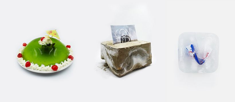 Physical Creative Destruction, type specimen prints placed in jelly, concrete and ice.