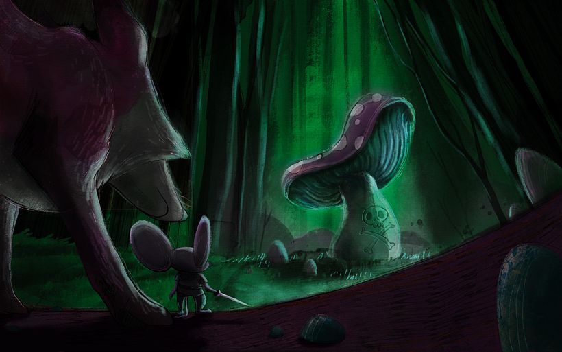 Escena tenebrosa, terror. La seta es tóxica y peligrosa.