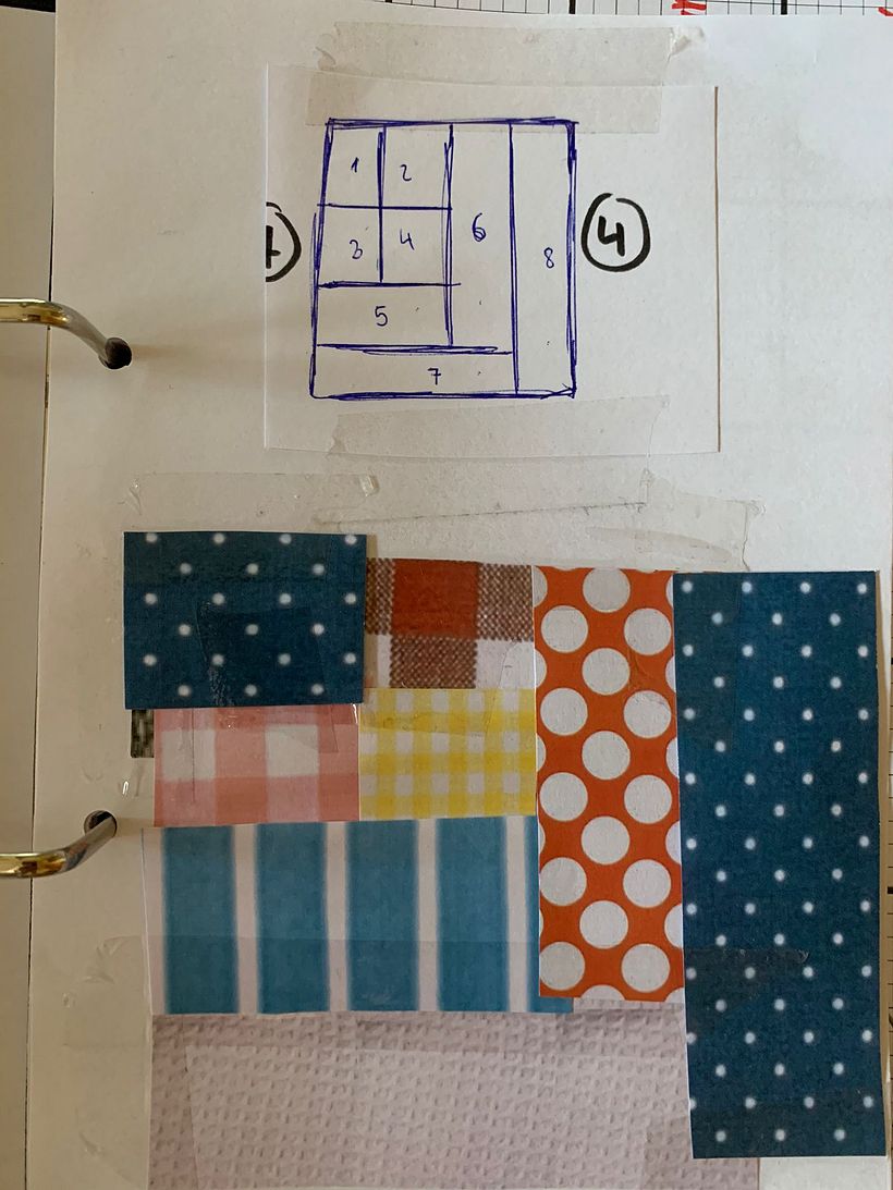Esquema del proyecto y collage de tejidos y colores.
