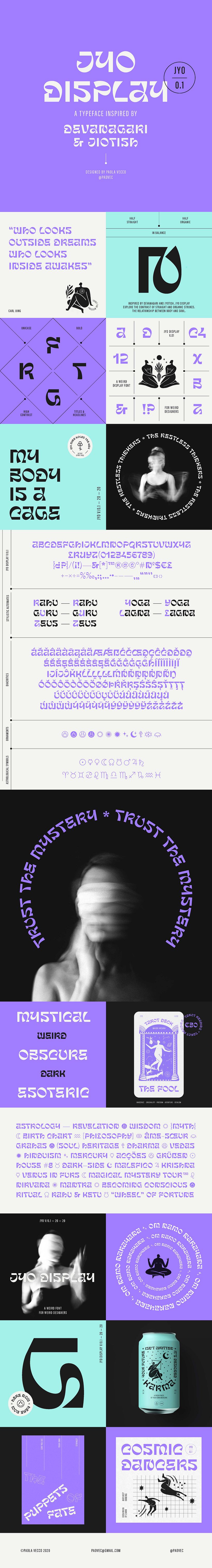 Inspirada por el Devanagari y el Jyotish, Jyo Display explora el contraste de trazos racionales y caligráficos en equilibrio.