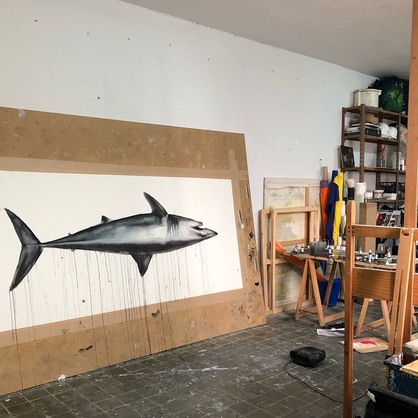 Trabajando en el estudio en el tiburón